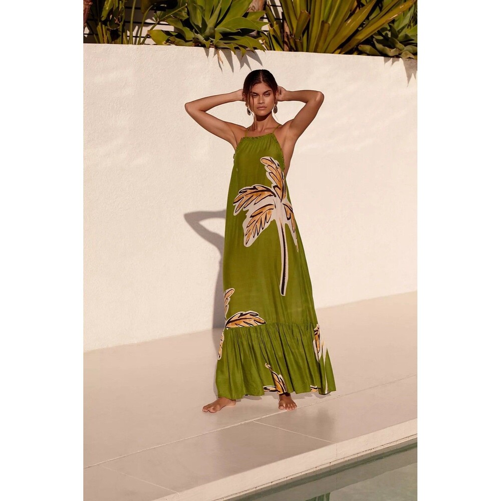 Anthropologie Malika LouLou Avenue Maxi Dress Green Tropical Open Back Boho 2X